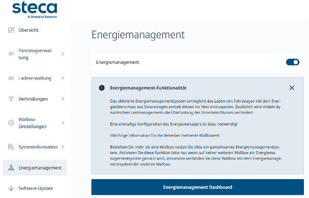 Seite „Energiemanagement“ im Web-Interface mit aktiviertem Schalter und der Schaltfläche „Energiemanagement Dashboard“.