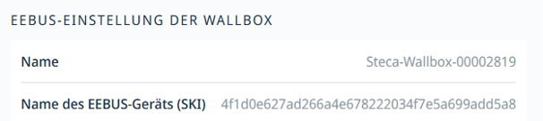 Bereich „EEBus-Einstellung der Wallbox“ mit Name und SKI der Wallbox.
