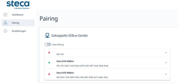 HEMS-Pairing-Seite mit der gekoppelten eigenen Wallbox (grün) und einer neu hinzugefügten Wallbox, deren Status noch rot ist — die Bestätigung von der Gegenseite fehlt.