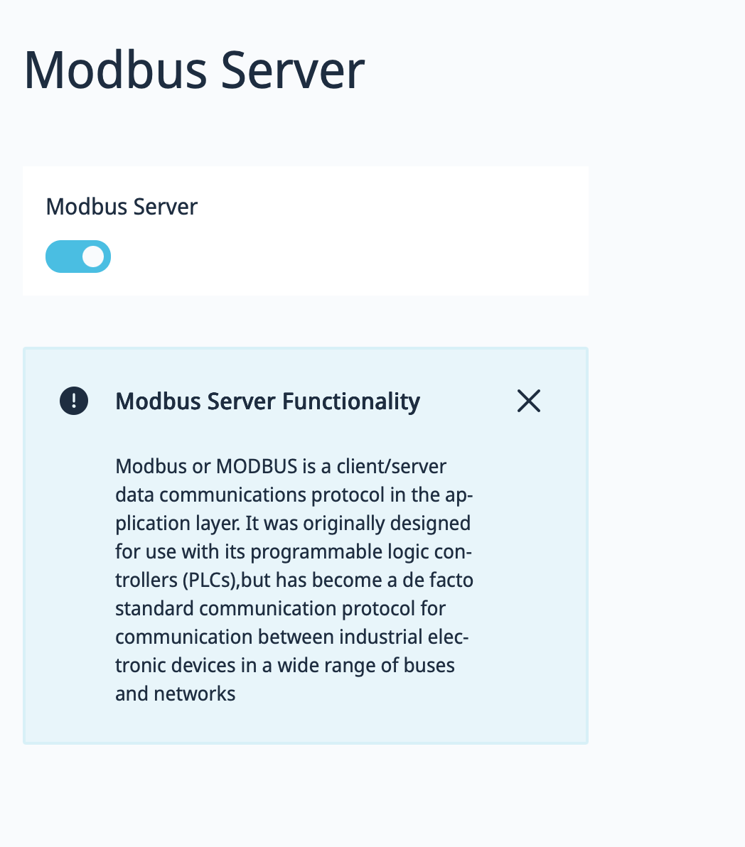 Seite „Modbus Server“ im Web-Interface mit aktiviertem Schalter.