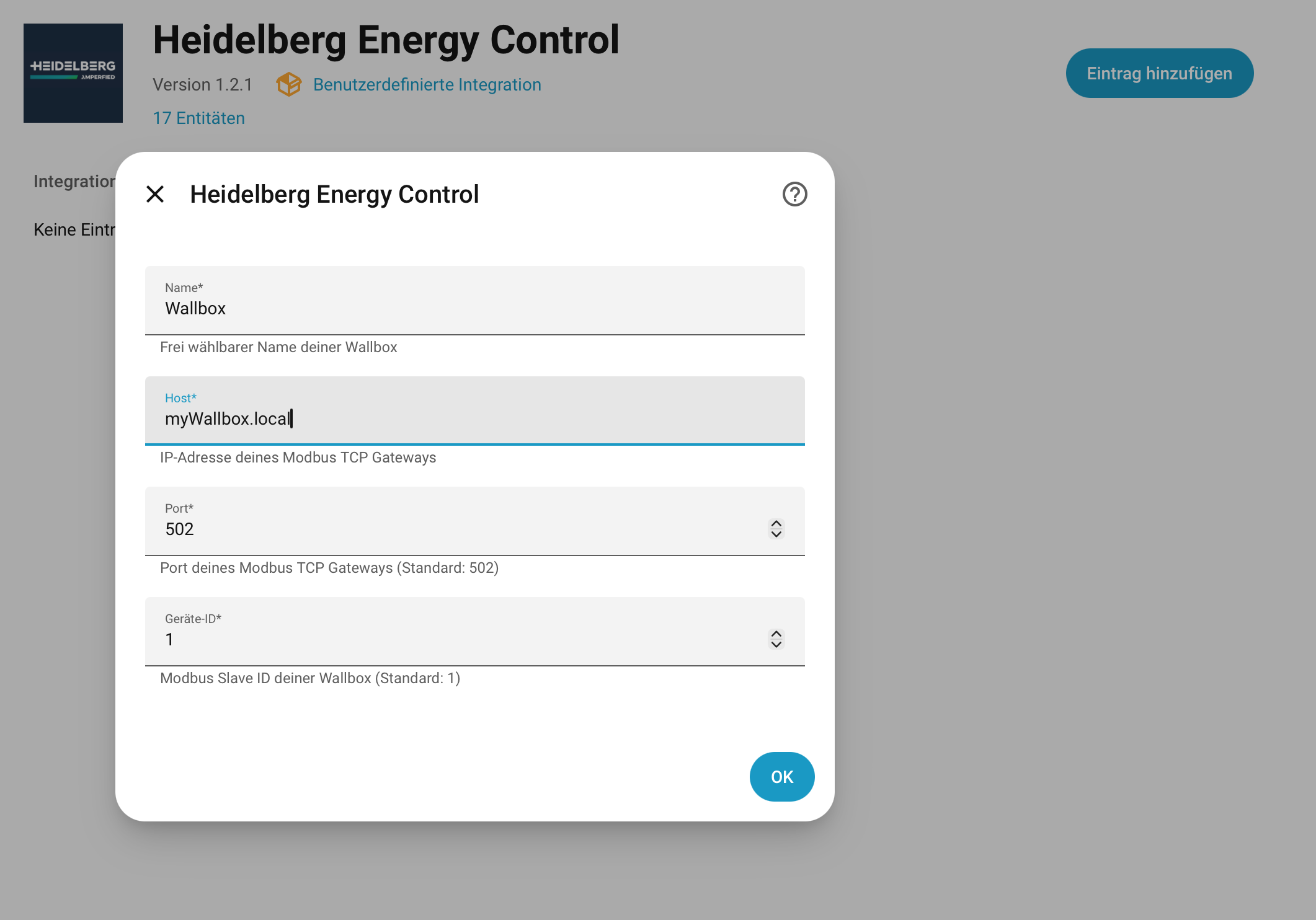 Konfigurationsdialog von „Heidelberg Energy Control“ mit den Feldern Name, Host (myWallbox.local), Port (502) und Geräte-ID (1).