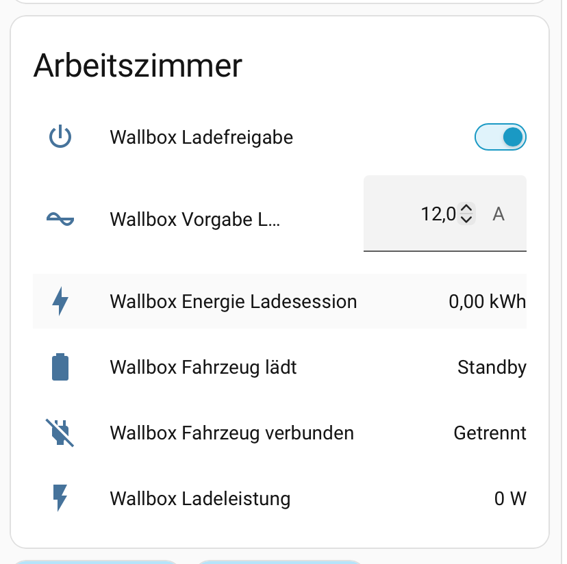 Home-Assistant-Karte einer Wallbox mit den Entitäten Ladefreigabe, Vorgabe Ladestrom, Energie Ladesession, Fahrzeug lädt/verbunden und Ladeleistung.
