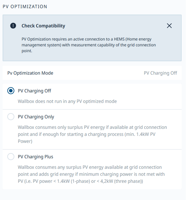 Einstellungsbereich „PV Optimization“ mit Kompatibilitätshinweis und den drei Modi PV Charging Off, PV Charging Only und PV Charging Plus (Screenshot in englischer Sprache).