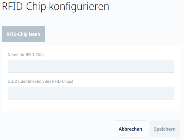 Dialog „RFID-Chip konfigurieren“ mit Feldern für Name und UUID sowie der Schaltfläche „RFID-Chip lesen“.
